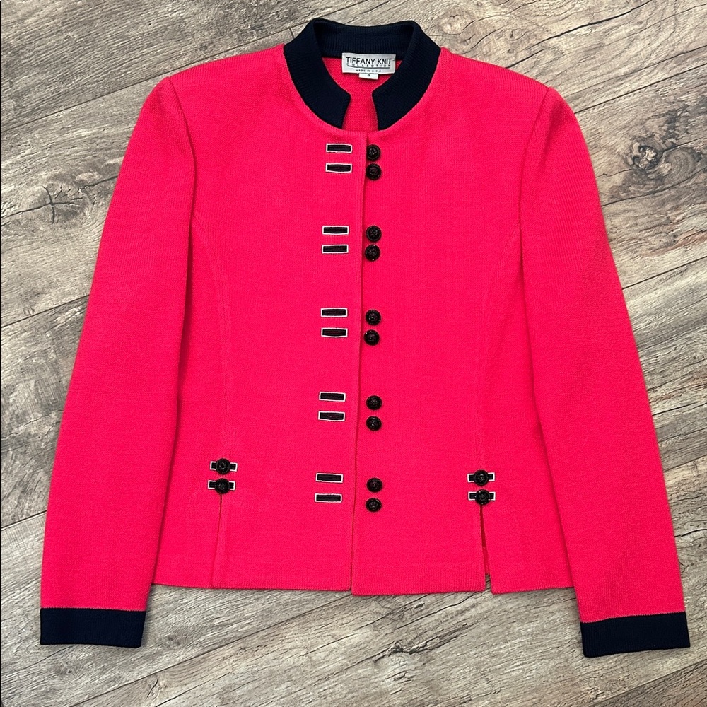 Tiffany Knit Collection Red Blazer with Navy Blue Trim Size 6